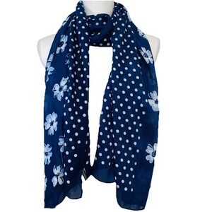 Talbots New Navy Blue Polka Dot Floral Scarf 26 x 72 Light Wrap Gift